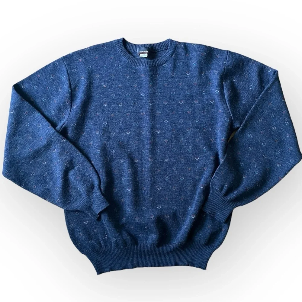 Mark Shale men’s vintage 100% Virgin Wool crewneck long sleeve sweater blue L